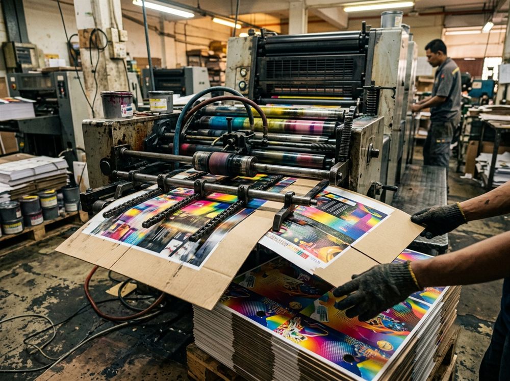 Full-colour box printing in progress at Box One