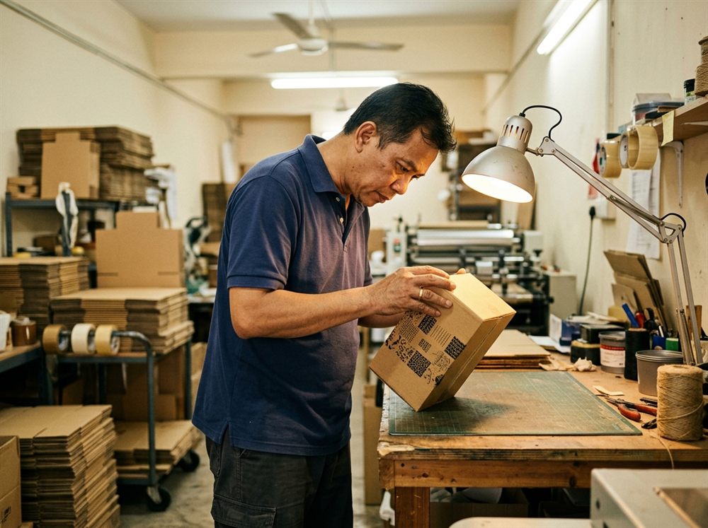Box One staff checking print quality on a freshly made box